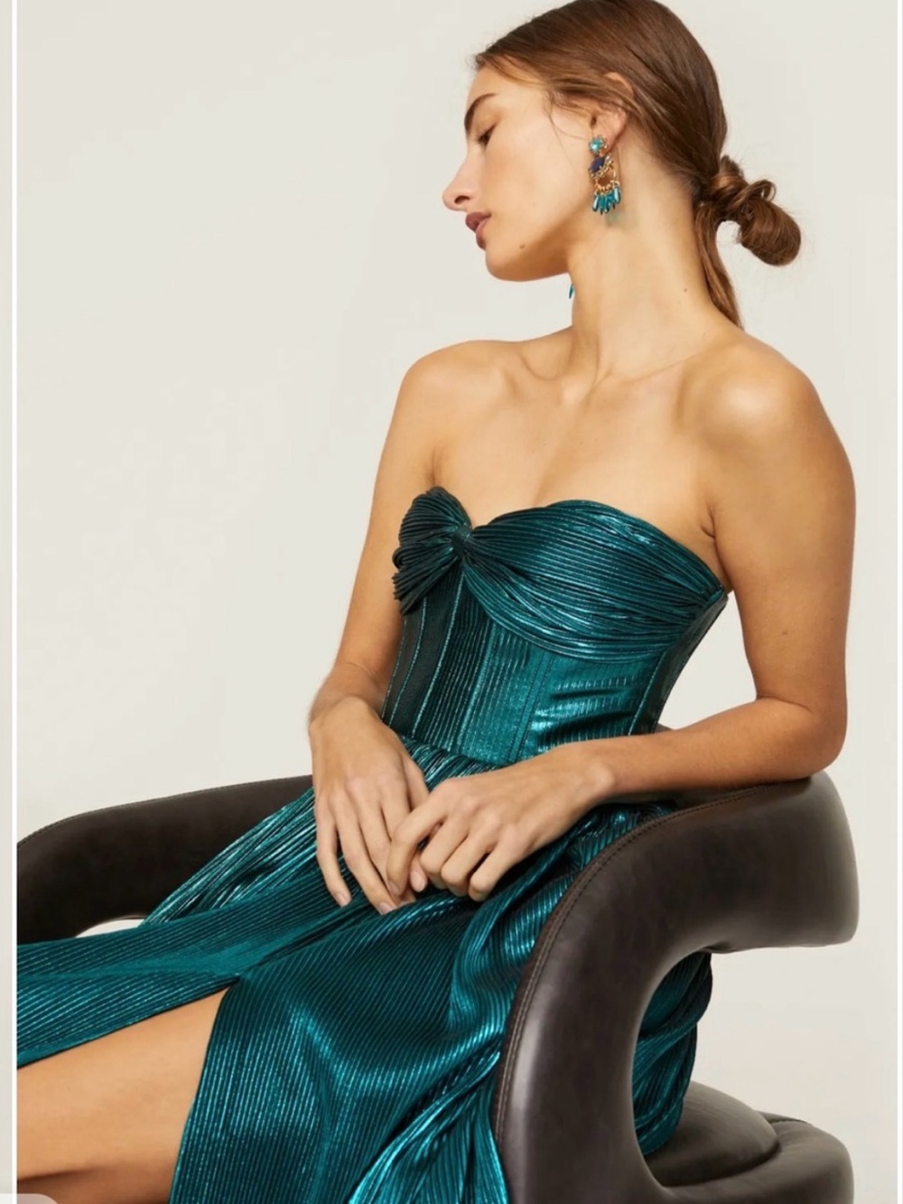 Bronx and Banco Florence Emerald Green Metallic Maxi Gown with Side Slit Size Sm - Picture 4 of 6